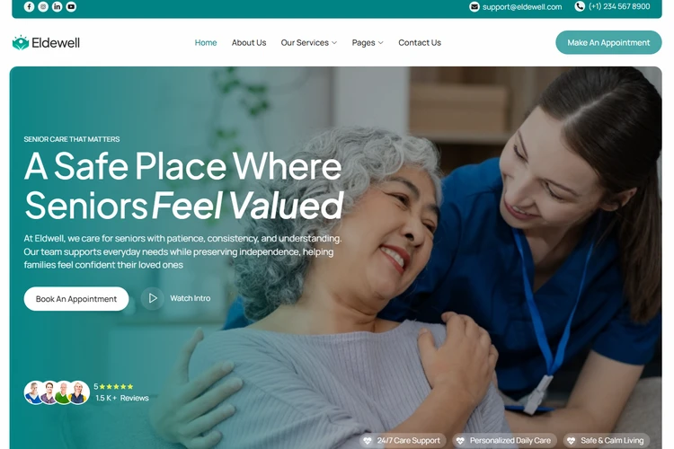 EldeWell - Senior Care & Assisted Living Elementor WordPress Full Website Template Kit
